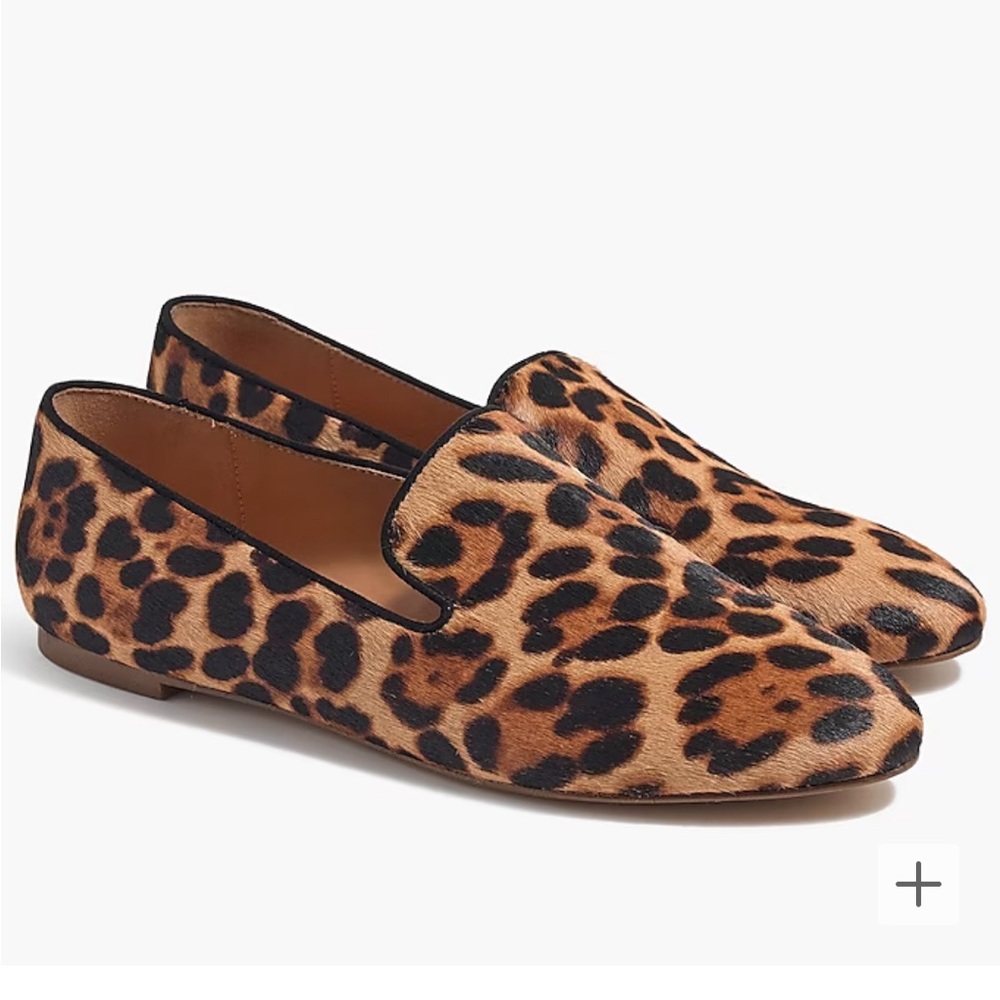J Crew leopard calf hair loafers